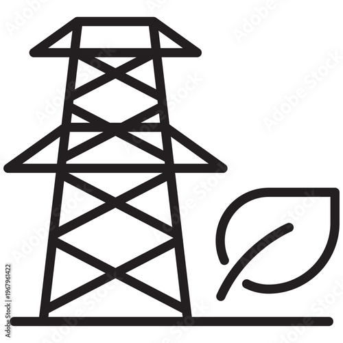 Outline icon of a clean energy grid represented by an electric pylon and a leaf