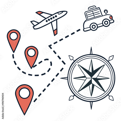 Travel journey map with navigation pins and transportation means like airplane and car, dotted route lines, and compass rose for direction.
