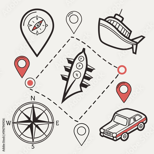 Travel and navigation set with various location pins, a ship, car, and compass rose for adventure and route planning.