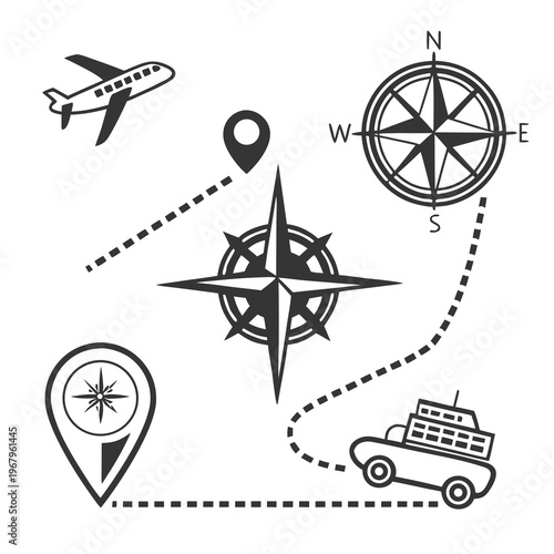 Travel concept with an airplane, location pin, compass roses for navigation, and a car-boat hybrid on a dotted route map.