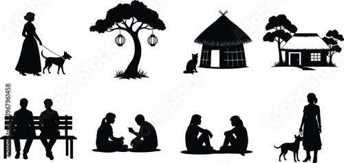 Black and white silhouette set of people lifestyle featuring women walking dogs, sitting on benches, traditional huts, and a tree with lanterns.