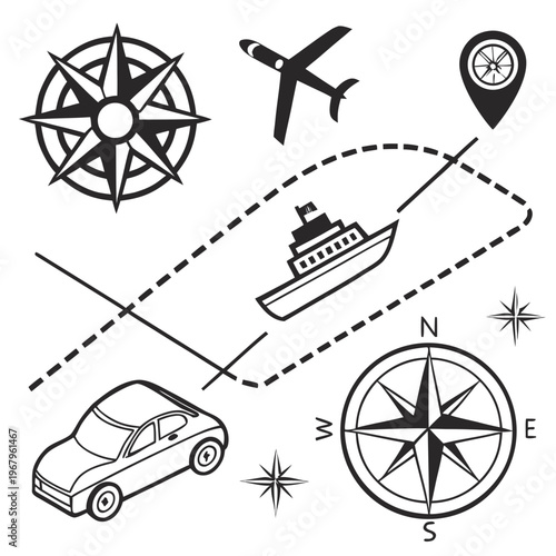 Collection of travel icons featuring compasses airplane car ship location pins and dashed travel routes representing journey and exploration adventures.