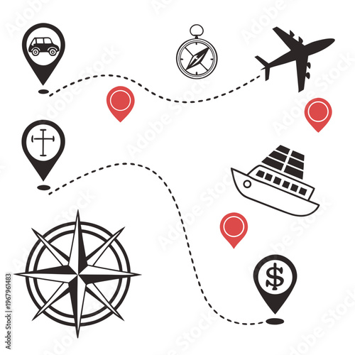 Travel map elements set with dotted route lines airplanes cruise ships cars and compass roses for planning vacation trips and navigation projects.