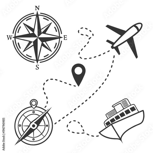 Minimalist travel route illustration with airplane silhouette cruise ship icon compass rose and location pin connected by dashed path for journey.