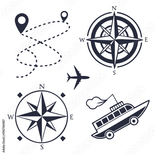 Set of dark travel icons featuring compasses airplane car ship location markers and dotted journey paths for transportation and adventure planning.