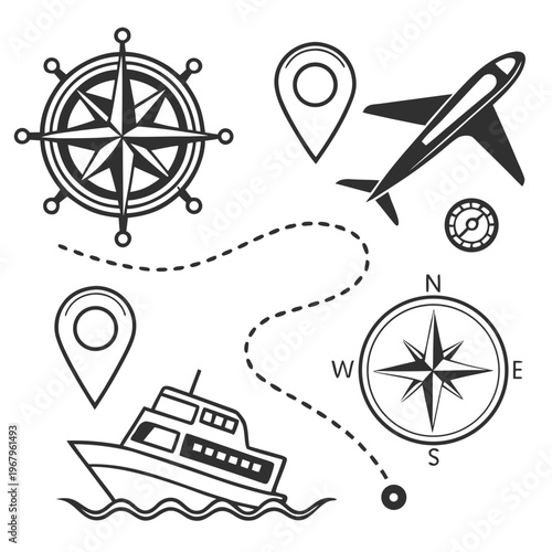 Vector set of nautical and travel icons including ships steering wheel compasses airplanes and map markers with dashed navigation lines for design.
