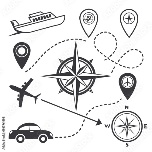 Navigation and transportation collection featuring compass symbols airplanes ships cars and location pins with dotted trail lines on white background.