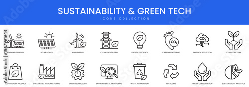 Vector line icons representing environmental conservation renewable energy sources and sustainable manufacturing practices