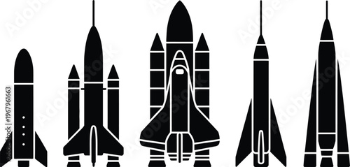 Rocket collection silhouette set, space shuttle and missile vector icons representing aerospace technology science exploration and transport design isolated on white background.