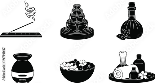 Black and white spa and wellness icons set featuring incense sticks, water fountain, herbal massage bags, aromatherapy diffuser, floral bowl, and treatment kit