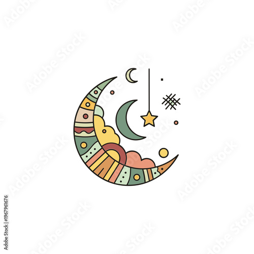 Colorful Crescent Moon with Stars Illustration 1.