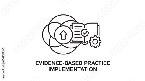Evidence Based Practice Implementation Icon Featuring Overlapping Circles, Open Book with Check mark, Arrow, and Gear Representing Scientific Research, Clinical Expertise, and System Optimization