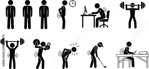 Ergonomics and back pain icons set featuring poor posture while sitting at desk lifting weights playing golf and standing for long periods