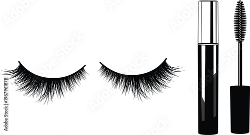 Eyelashes and mascara set illustration, false lash extensions with black tube and brush applicator for professional makeup artist and beauty salon