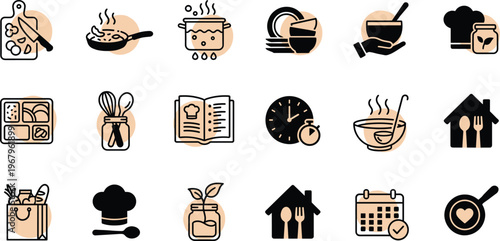Cooking kitchen food preparation recipe restaurant meal utensils chef home cooking vector icon set culinary illustration modern pack