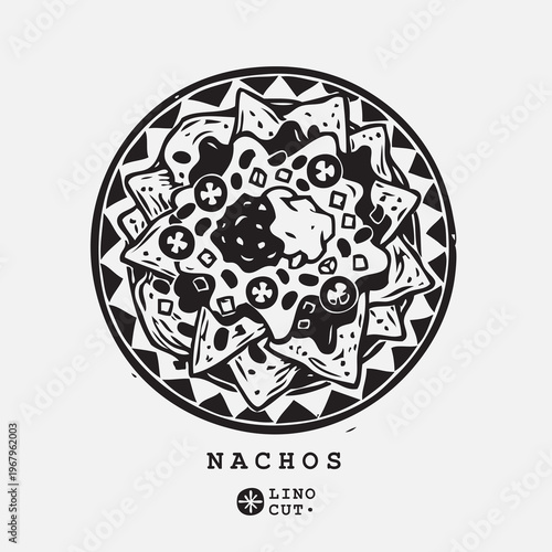 Modern Minimalist Nachos food Vector, Linocut Style Graphic for Brand Identity.