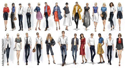 Fashion Croquis Minimal Vector Female Male Technical Drawing Figure Body Template Illustration Set