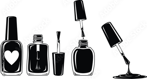 Nail polish bottles and brushes collection, black silhouette manicure set with heart bottle and spilled liquid for professional beauty salon fashion design