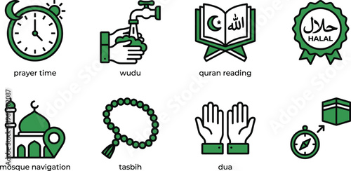 Islamic prayer icon set muslim salah wudu quran mosque tasbih dua halal ramadan vector illustration religious lifestyle pack