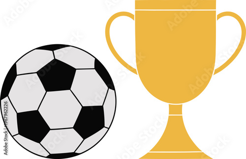 Soccer ball and golden trophy cup vector illustration, football championship award icons, sports competition victory symbols on white background