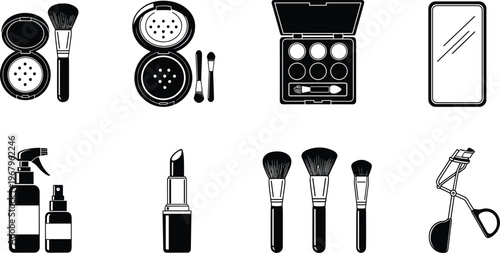Professional makeup kit icons collection, featuring powder compact, eyeshadow palette, lipstick, brushes, and eyelash curler for beauty salon fashion design branding
