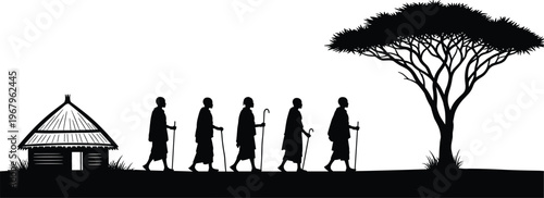 Silhouette of African tribesmen walking in a line near a traditional hut and acacia tree, representing ethnic culture and savanna lifestyle.