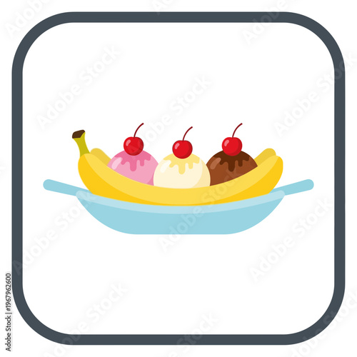 Banana split ice cream dessert with three scoops and cherries, a sweet treat