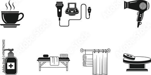 Spa and wellness center equipment icons set, featuring massage table, ultrasound therapy, hair dryer, tea cup, and luxury salon beauty treatment accessories