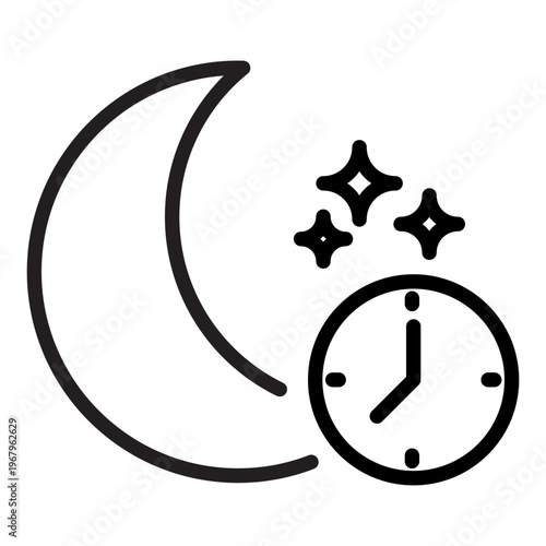 Line icon featuring a crescent moon with stars and a clock representing the scheduled time to go to bed