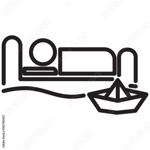 Person in bed with wave and boat symbol illustrating tossing and turning or restlessness