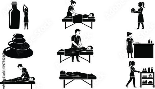 Spa massage wellness center icons set with therapist performing body treatments hot stones oil bottle and staff providing professional service care