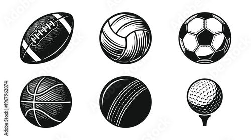 Sports Balls Vector Collection Football Volleyball Soccer Basketball Cricket Golf Equipment Black White Outline Illustration Athletic Gear Clipart Graphic Icon Symbol Design
