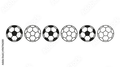 Soccer Balls Vector Silhouettes Black White Outline Pattern Alternating Filled Unfilled Designs Athletic Sport Equipment Illustration Clipart Graphic Icon Symbol Football