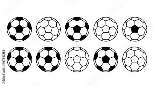 Soccer Balls Vector Silhouettes Black White Outline Pattern Alternating Filled Unfilled Designs Athletic Sport Equipment Illustration Clipart Graphic Icon Symbol Football