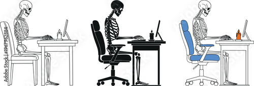 Skeleton sitting at desk working on computer vector set, featuring human bones at workstation in outline, black silhouette, and color.