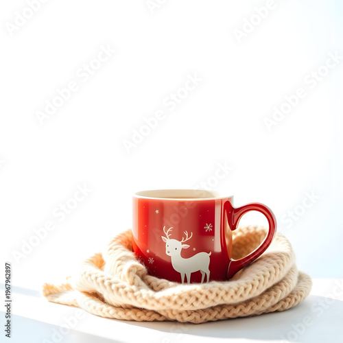 Red reindeer patterned mug on white background