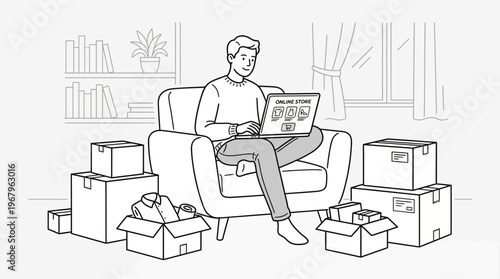 Man at home enjoying online shopping convenience surrounded by delivery boxes after successful purchases
