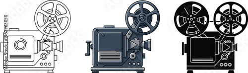 Vintage movie projector vector set featuring classic film reel equipment in outline, flat color, and black silhouette styles for cinema nostalgia.
