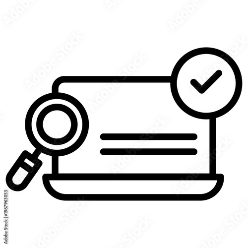 Linear icon showing a laptop with a magnifying glass and checkmark for search and answer sessions