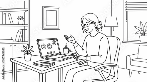 Engaged woman participating in a virtual video conference call from her modern home office setup