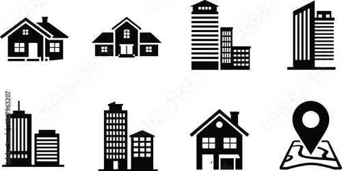 Black real estate icons set houses buildings skyscrapers property symbols location marker isolated vector illustration urban architecture collection modern