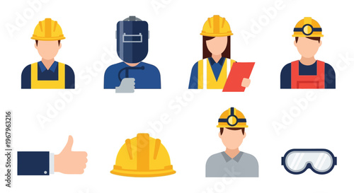 Collection of industrial workers and tools representing construction and skilled trades professions.