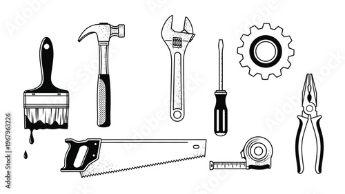Set of various hand tools and mechanical gear used in construction repair and DIY projects.