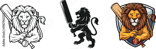 Powerful cricket lion logo mascot set featuring a majestic wild cat holding a bat and ball, available in outline, black silhouette, and colorful mascot style.