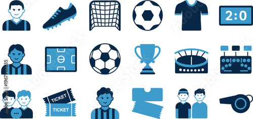 Soccer and football icon set with 18 blue vector elements, professional sports equipment symbols, stadium and championship tournament graphics