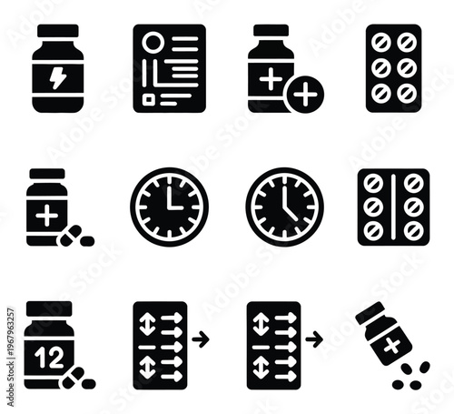 Medical Pills, Bottles, Clocks, and Instructions