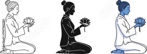 Meditating woman in zen pose holding lotus flower set of line art silhouette and flat vector illustrations for wellness design