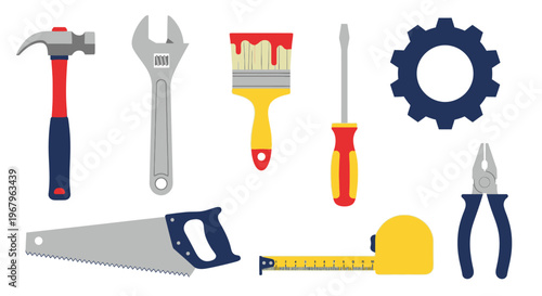 Set of construction tools, instruments for building and renovation, hammer wrench paint brush screwdriver gear saw pliers tape measure.