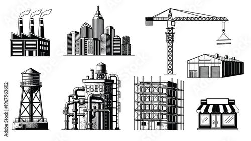 Industrial and urban architecture set featuring factory, city, crane, warehouse, water tower, and scaffolding.