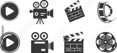 Cinema and Movie Production Icon Set Including Retro Camera Clapperboard Film Reel Play Button and Video Equipment Vector Illustration Collection